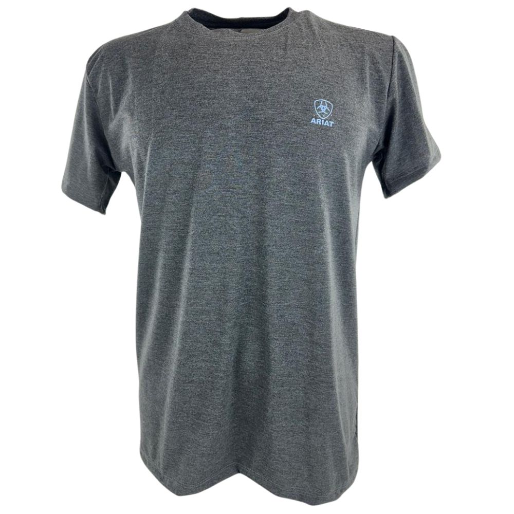 Camiseta Masculina Ariat Manga Curta Básica Chumbo Com Logo Azul Claro