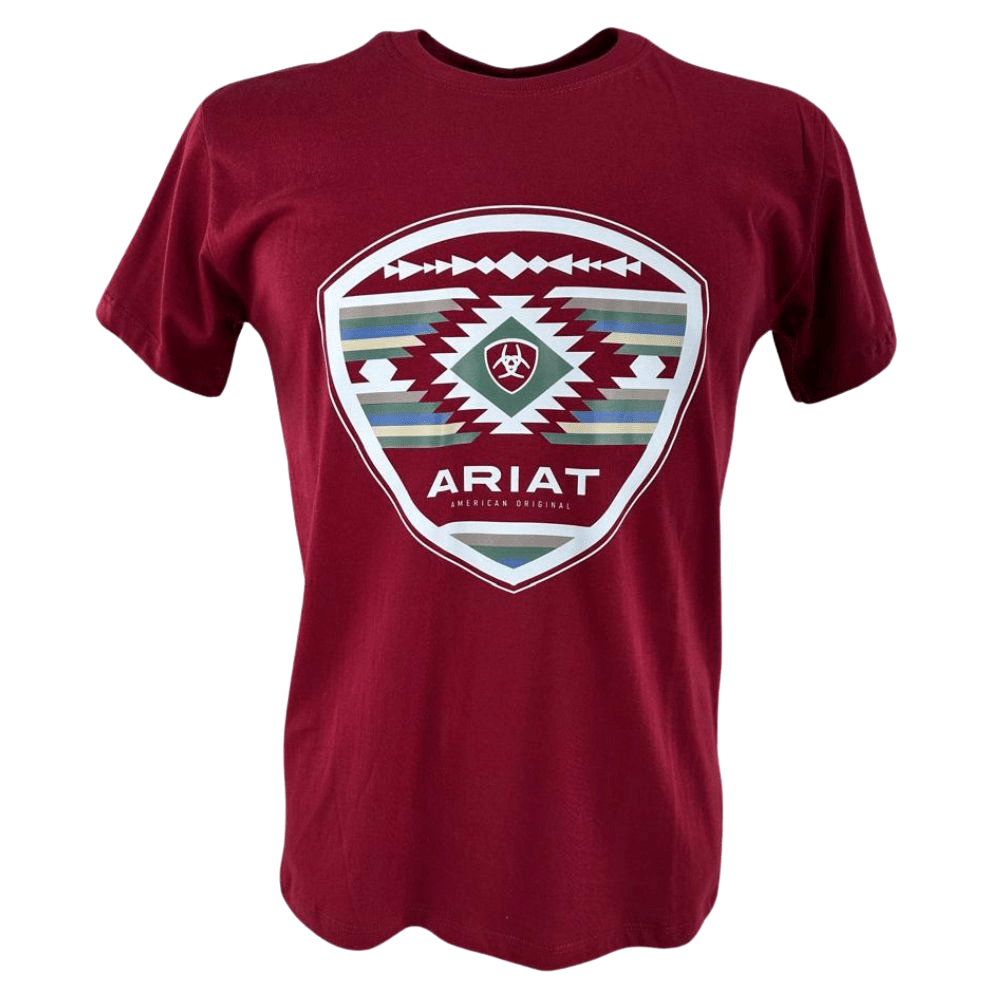 Camiseta Masculina Ariat Manga Curta Bordô Com Logo Branco Verde E Azul