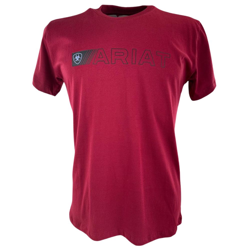 Camiseta Masculina Ariat Manga Curta Bordô Com Logo Preto E Lilás