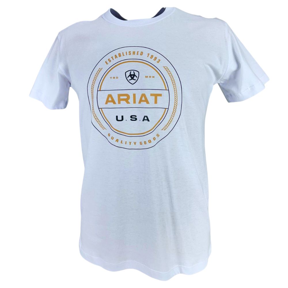 Camiseta Masculina Ariat Manga Curta Branco Com Logo Estampado Creme e Usa Preto