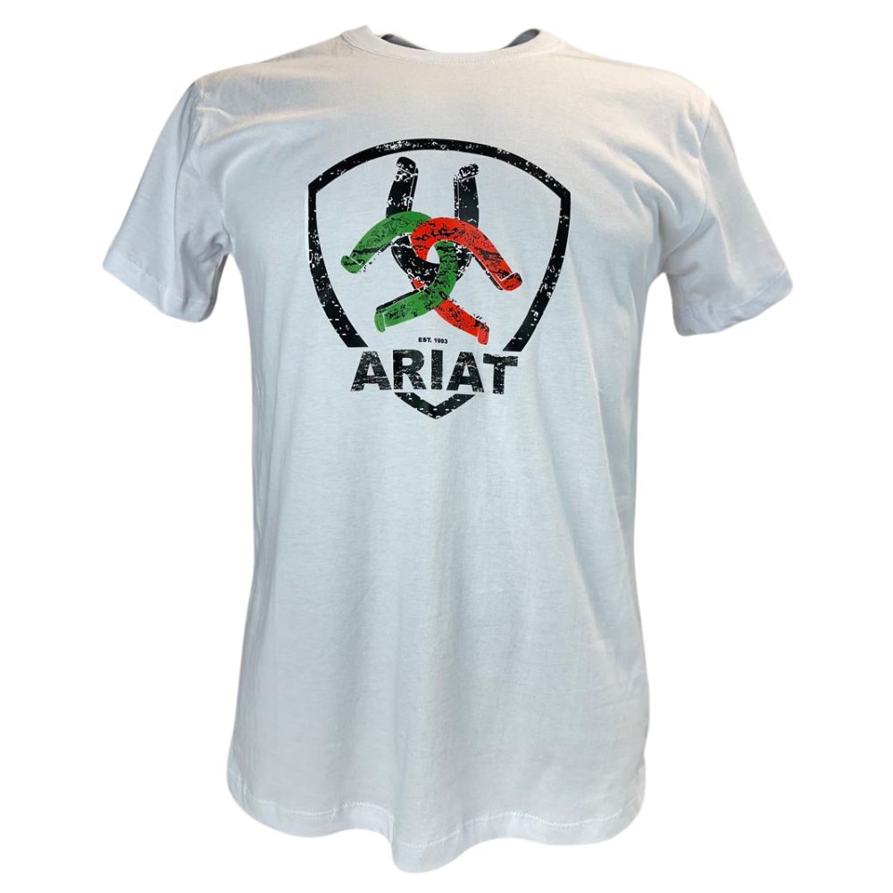 Camiseta Masculina Ariat Manga Curta Branco Com Logo Ferradura Colorida