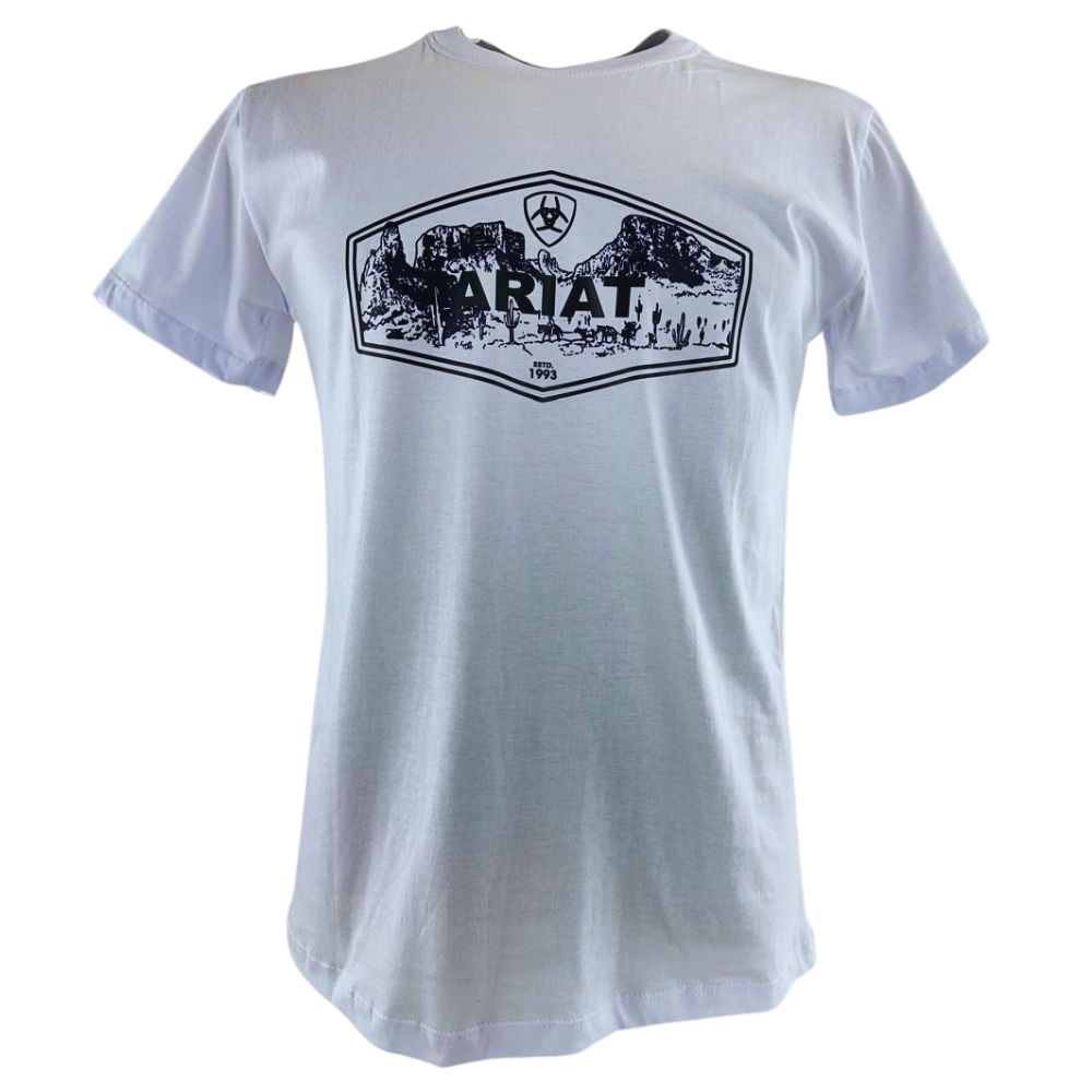 Camiseta Masculina Ariat Manga Curta Branco Com Logo Preto
