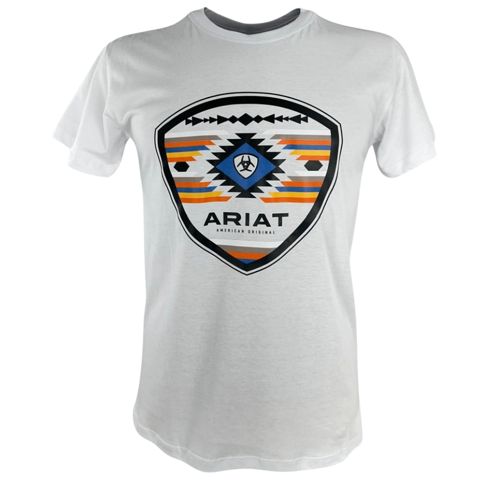 Camiseta Masculina Ariat Manga Curta Branco Com Logo Preto Azul E Laranja