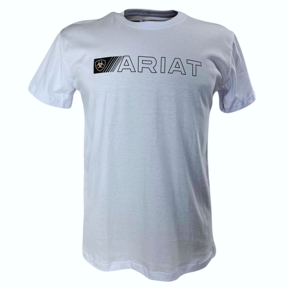 Camiseta Masculina Ariat Manga Curta Branco Com Logo Preto E Bege