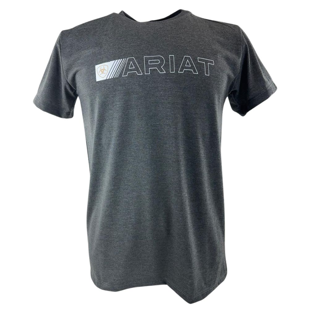 Camiseta Masculina Ariat Manga Curta Cinza Chumbo Com Logo Branco E Bege
