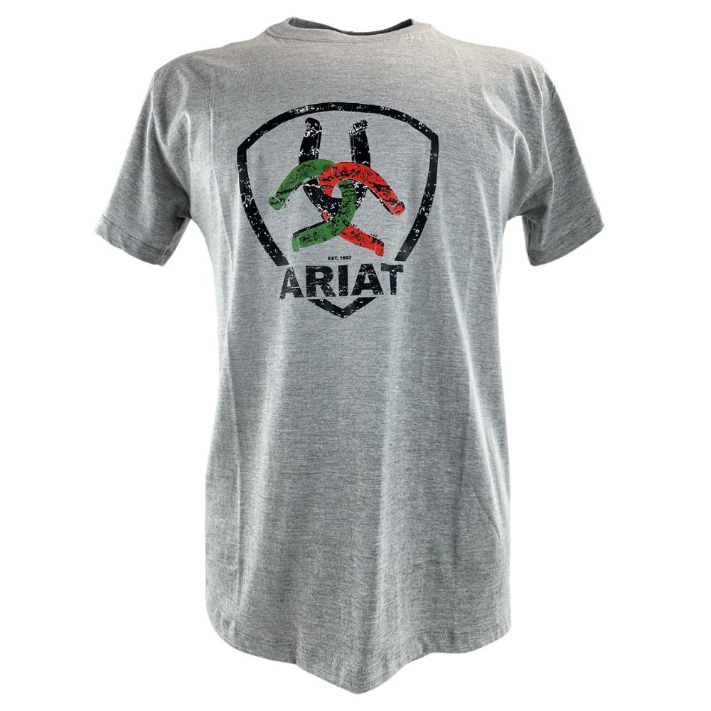 Camiseta Masculina Ariat Manga Curta Cinza Mescla Com Logo Ferradura Colorida
