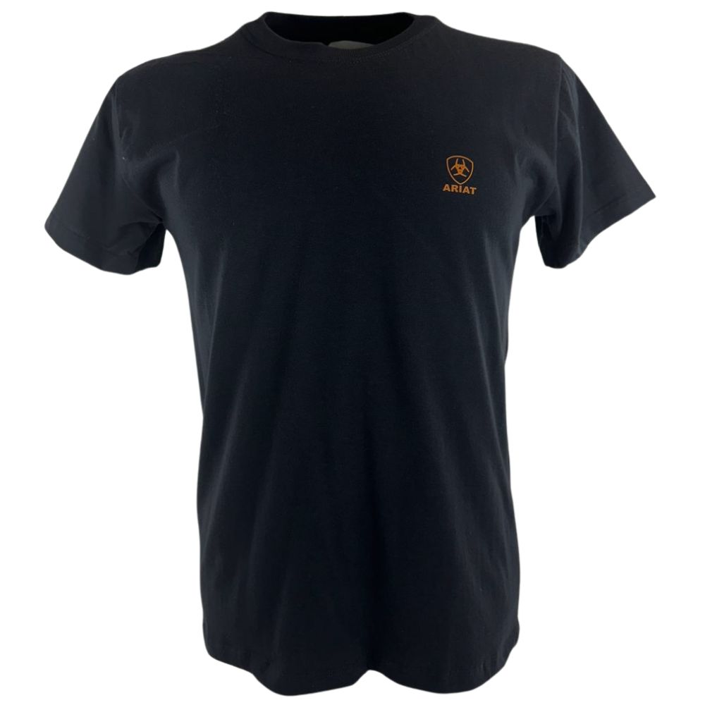 Camiseta Masculina Ariat Manga Curta Preto Básico Com Logo Laranja