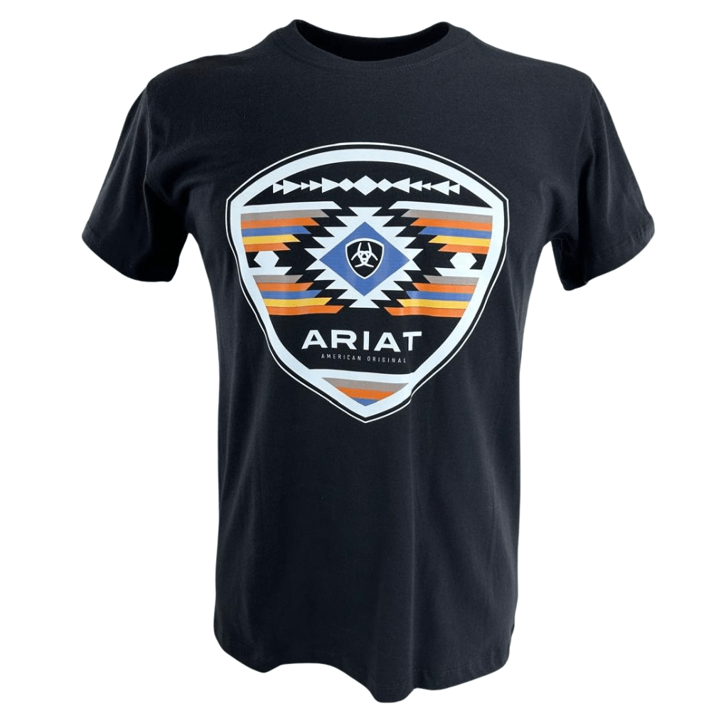 Camiseta Masculina Ariat Manga Curta Preto Com Logo Branco Azul Amarelo E Laranja