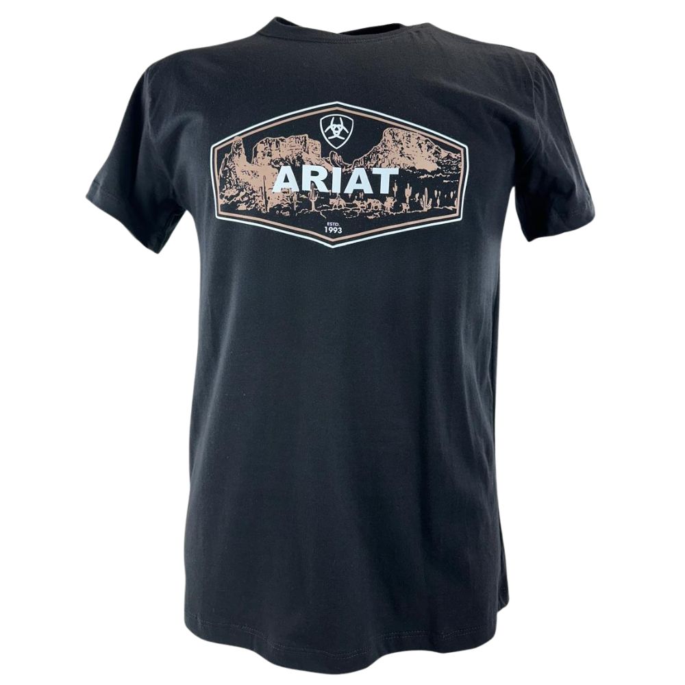 Camiseta Masculina Ariat Manga Curta Preto Com Logo Branco E Bege