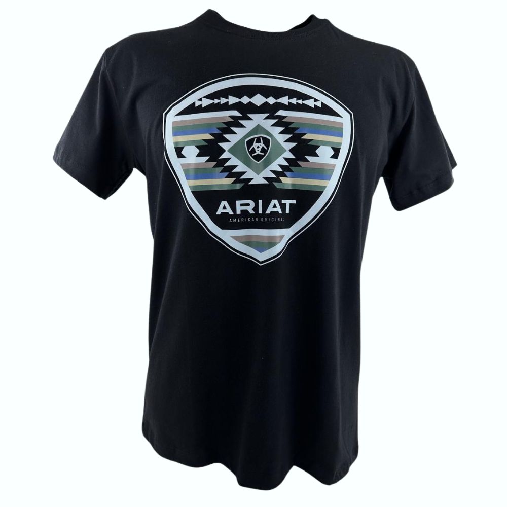 Camiseta Masculina Ariat Manga Curta Preto Com Logo Branco Verde E Azul