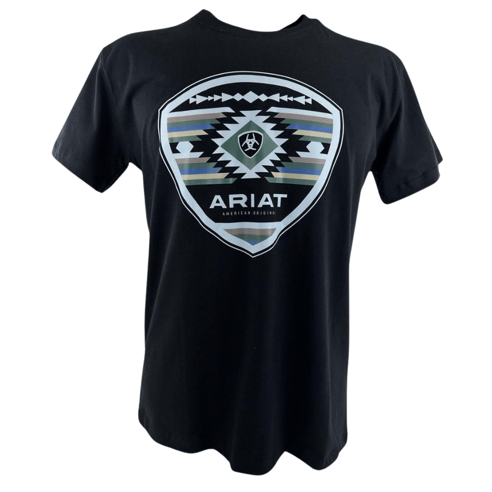 Camiseta Masculina Ariat Manga Curta Preto Com Logo Branco Verde E Azul
