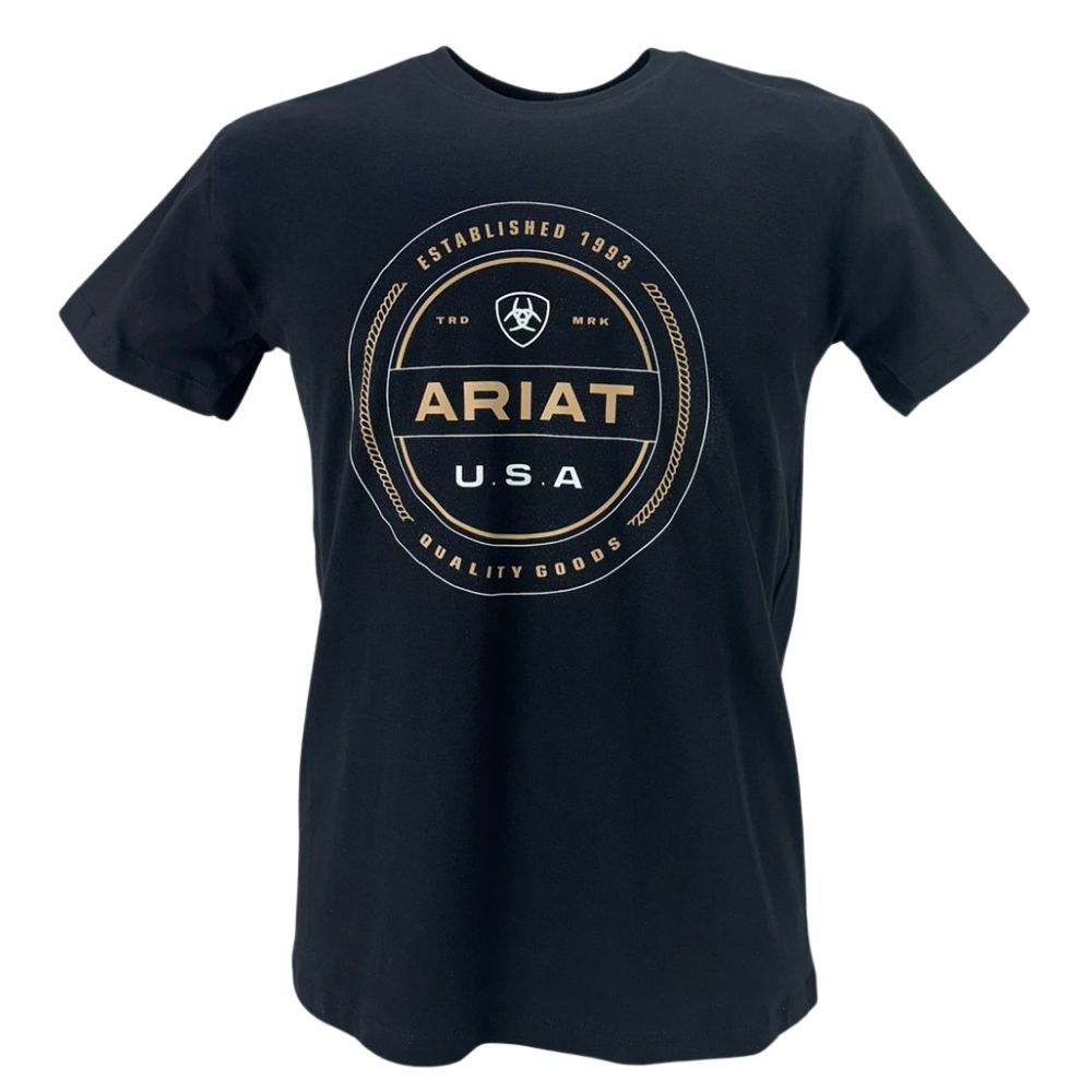 Camiseta Masculina Ariat Manga Curta Preto Com Logo Estampado Creme e Usa Branco