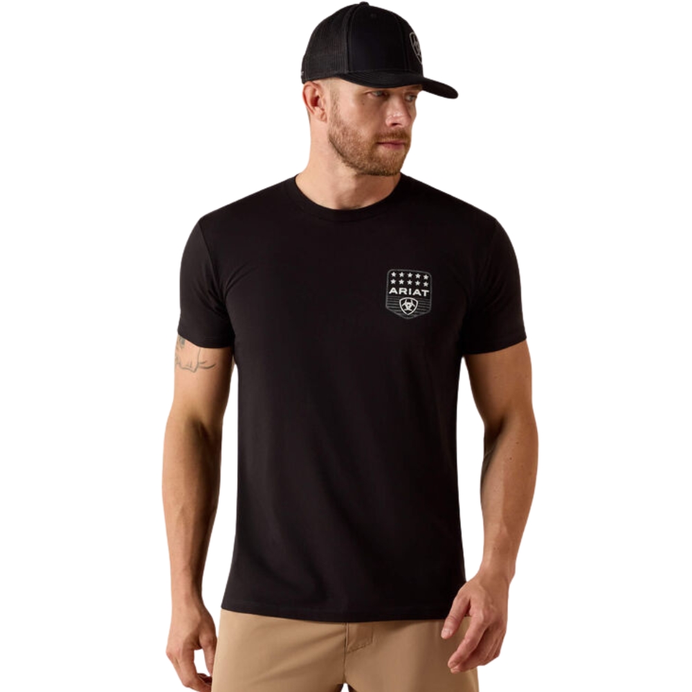 Camiseta Masculina Ariat Manga Curta Preto Estampa Logo Branco Frente E Costas REF:10073966