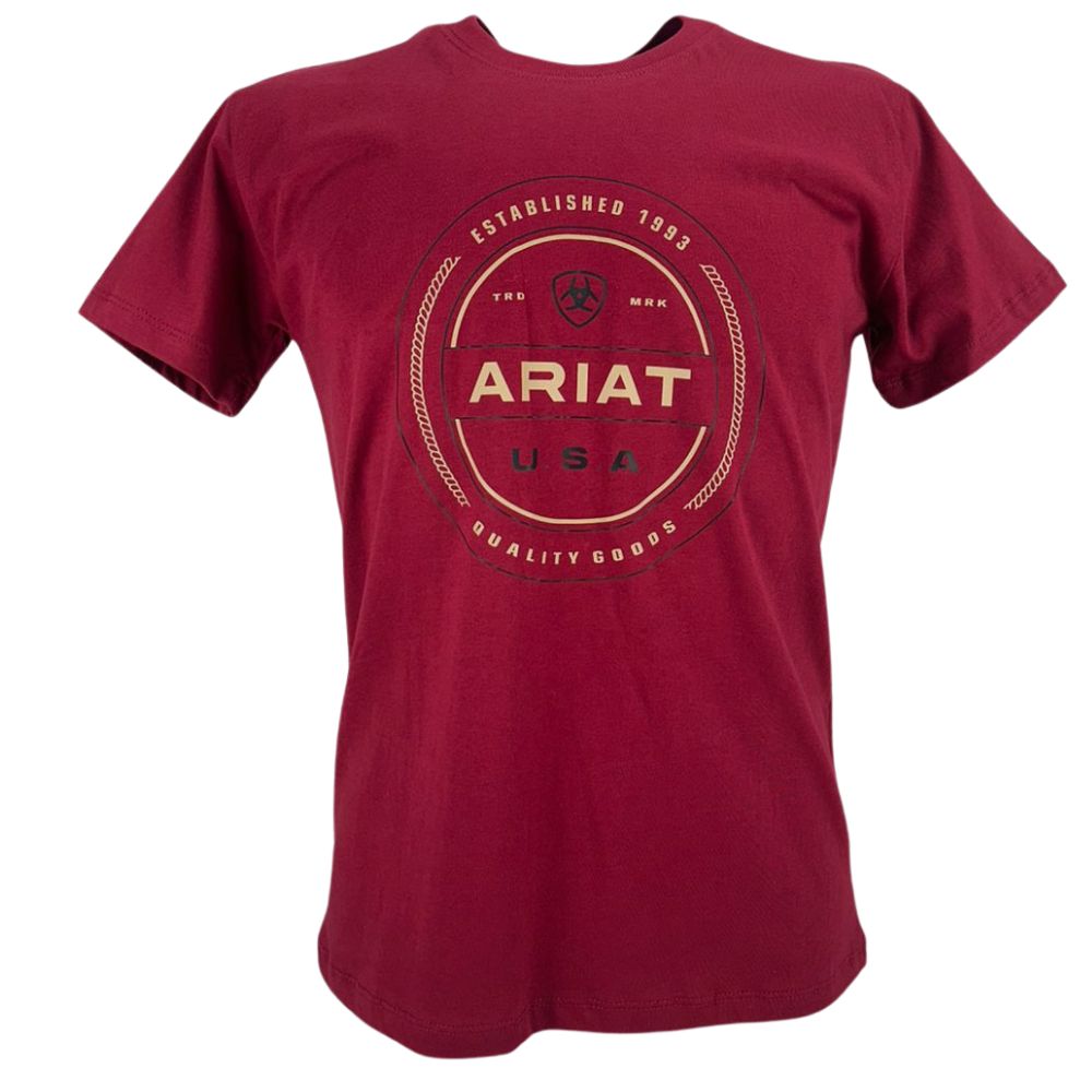 Camiseta  Masculina Ariat Manga Curta Vermelho Bordô Com Logo Estampado Creme e Usa Preto