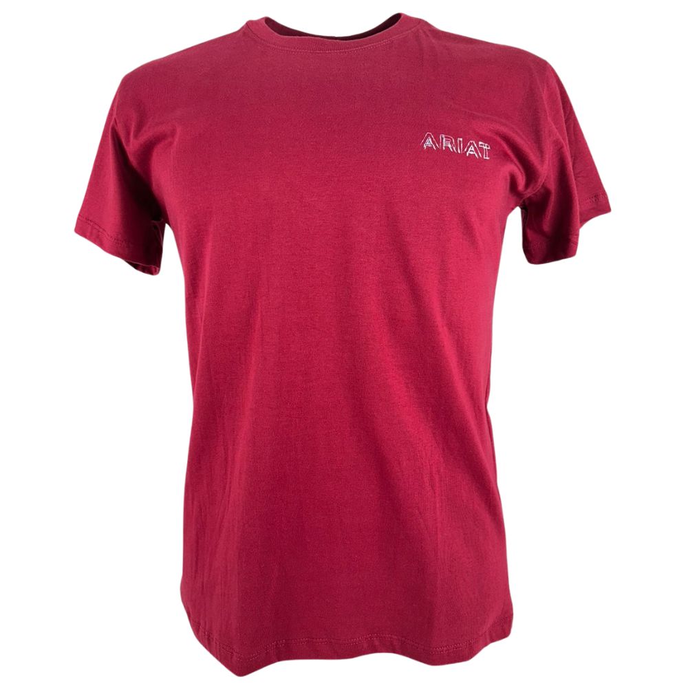 Camiseta Masculina Ariat Manga Curta Vermelho Bordô Com Logo Estampado Frente E Costas Branco Marrom