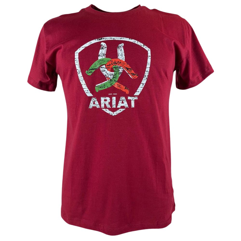 Camiseta Masculina Ariat Manga Curta Vermelho Bordô Com Logo Ferradura Colorida
