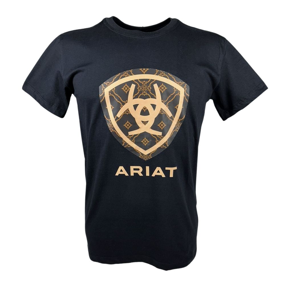 Camiseta Masculina Ariat Preta Manga Curta Com Logo Em Bege