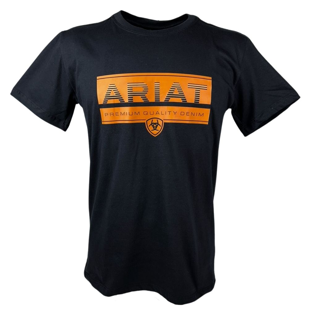 Camiseta Masculina Ariat Preta Manga Curta Com Logo Laranja Premium