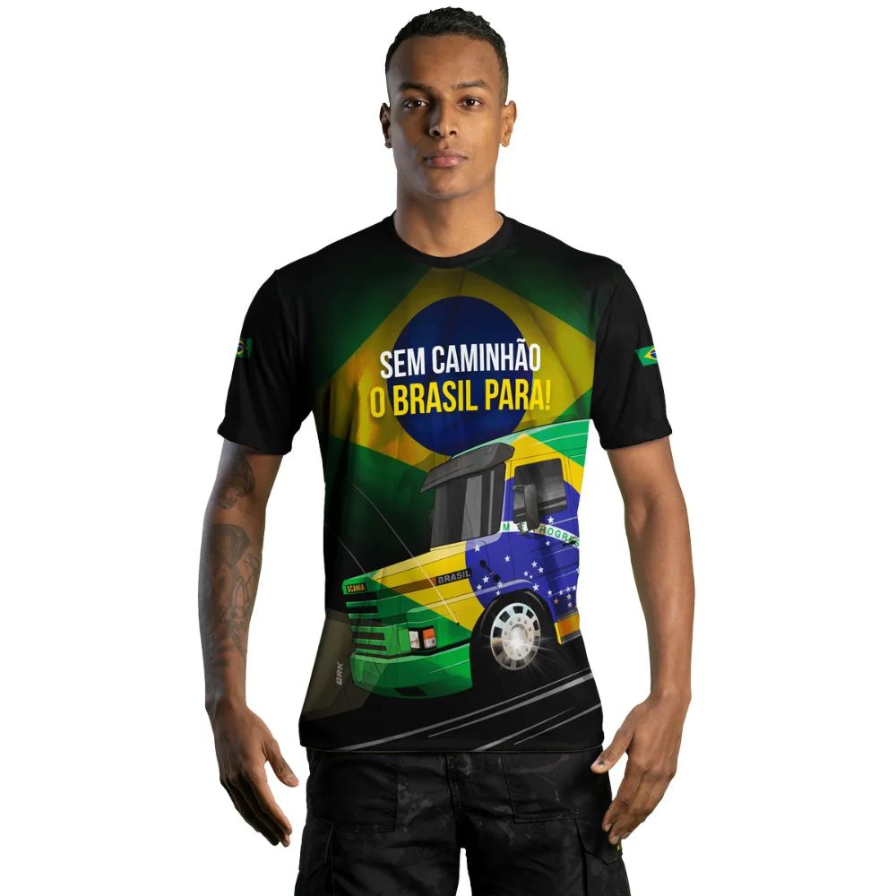 Camiseta Masculina BRK Manga Curta Sem Caminhão O Brasil Para UV50+ Preta Ref: Casual 369