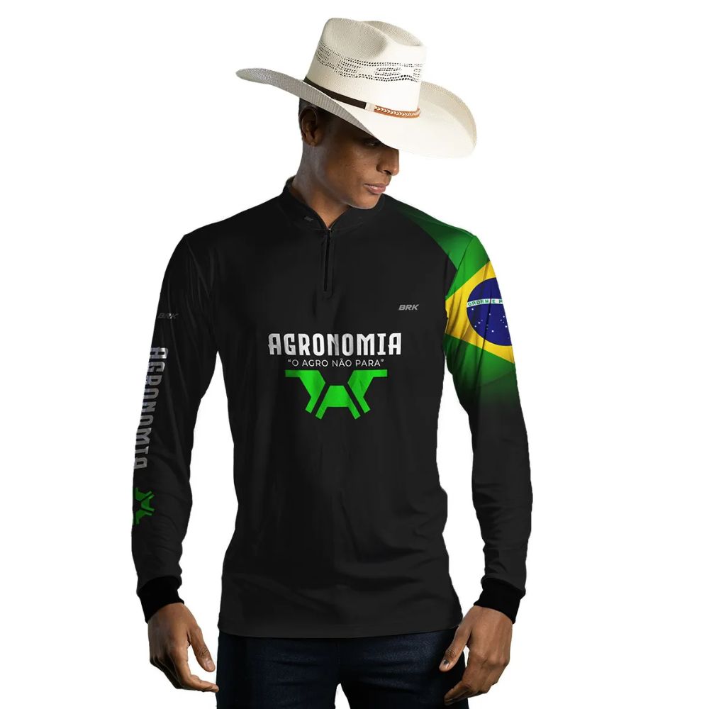 Camiseta Masculina BRK Manga Longa Agronomia O Agro Não Para Preta UV50+ C/ Desenho Verde Ref:CO990