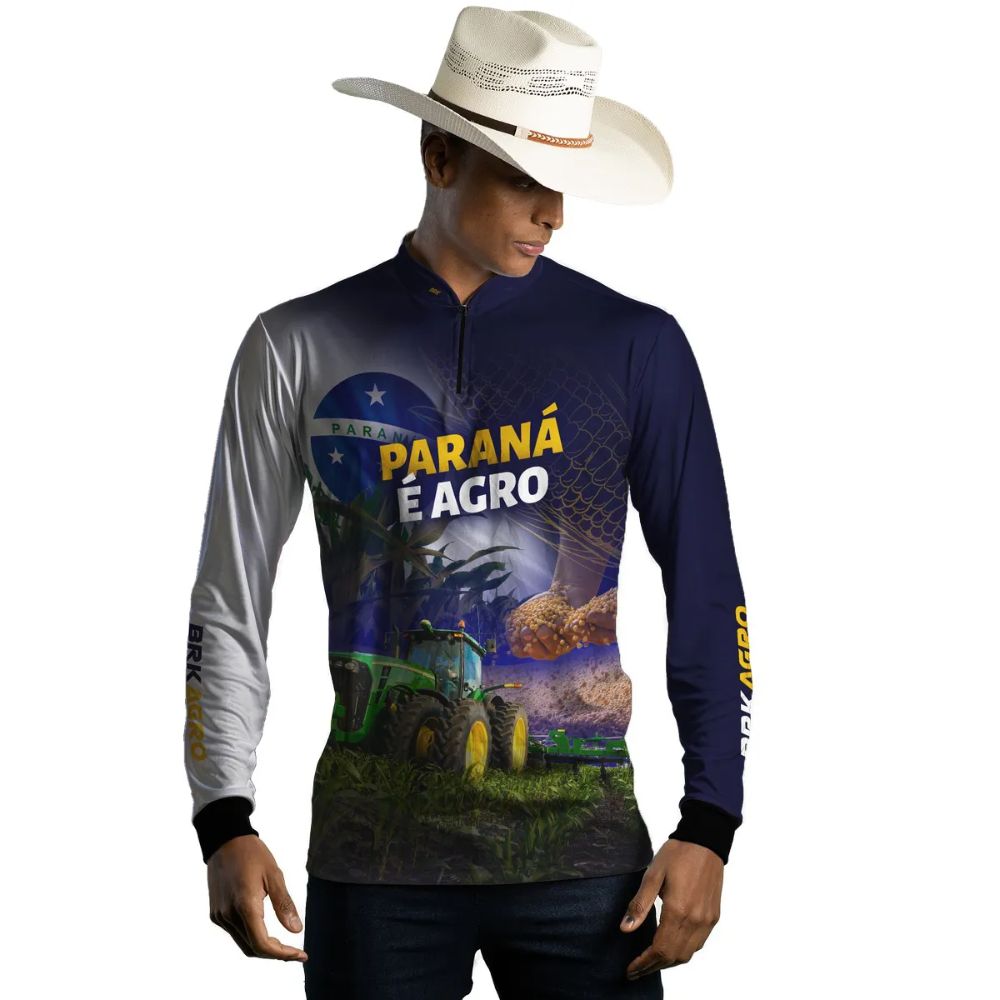 Camiseta masculina BRK Manga Longa Paraná è Agro Milho E Soja UV50+ Preta Desenho De Trator Ref:CO1233