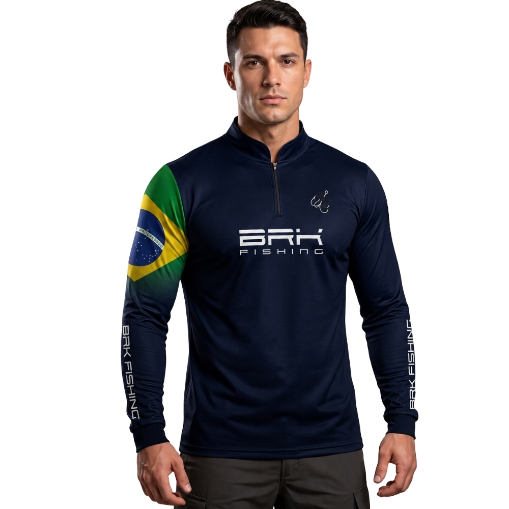Camiseta Masculina BRK Pesca Azul Marinho Manga Longa UV50+ Bandeira Do Brasil Garateia Ziper REF:C02406