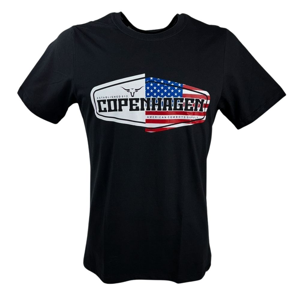 Camiseta Masculina Copenhagen Preta Manga Curta Com Logo Em Preto E EUA Ref.8732