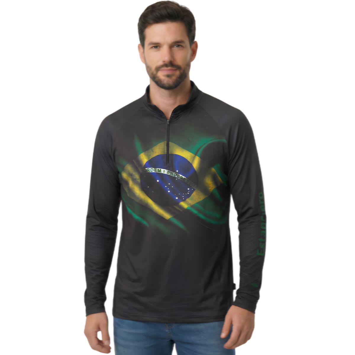 Camiseta Masculina Estanciero Manga Longa Preta Estampa Bandeira Do Brasil UV50+ Ref:5649 A.168