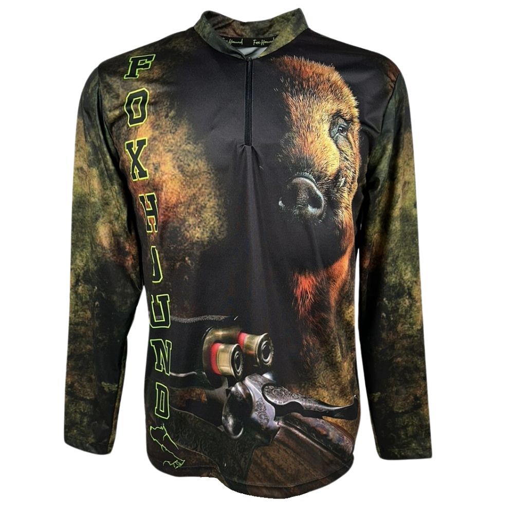 Camiseta Masculina Fox Hound Camuflada Com Zíper Manga Longa Com Estampa de Rifle e Javali UV50+ Ref.35770