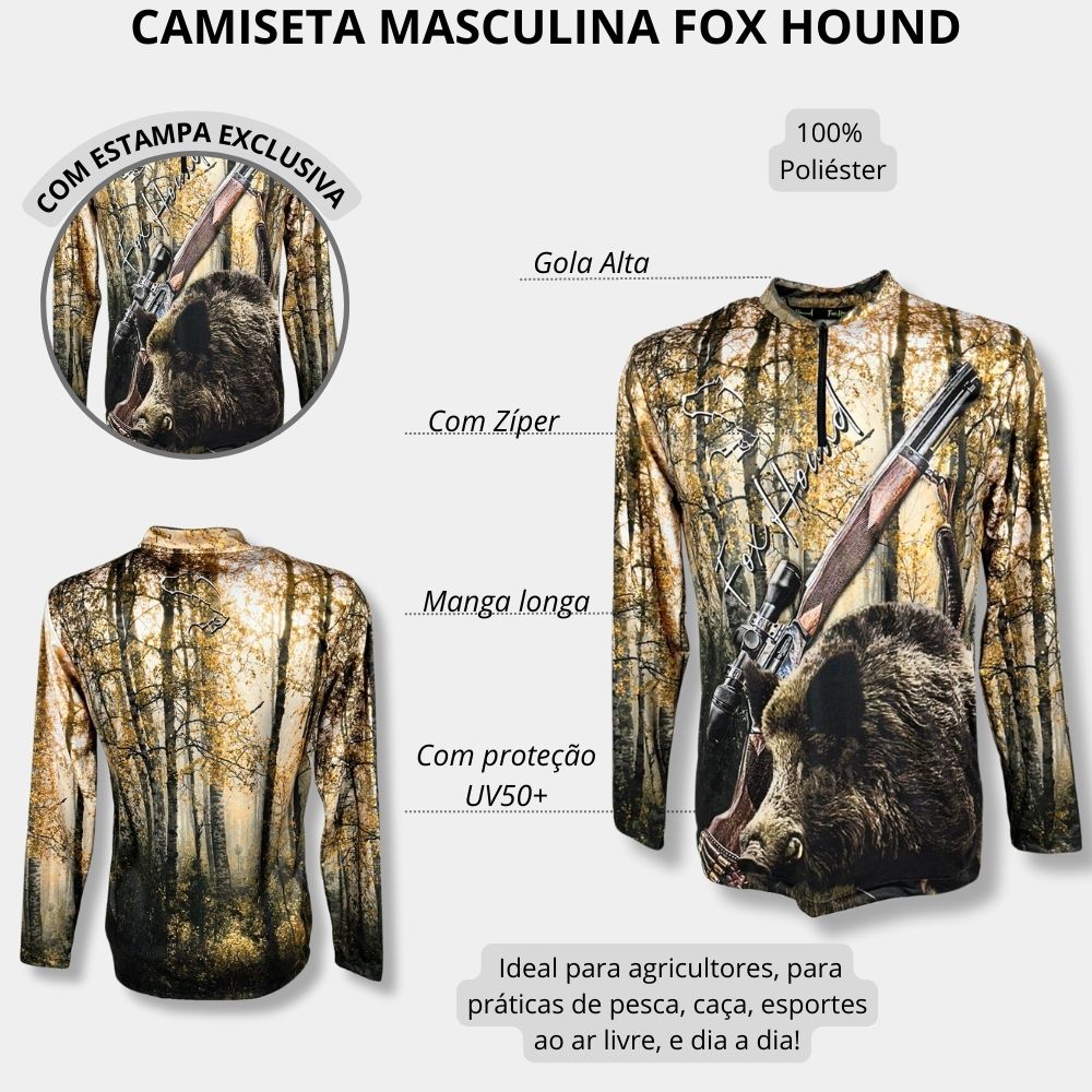 Camiseta Masculina Fox Hound Marrom e Preta Com Zíper Manga Longa