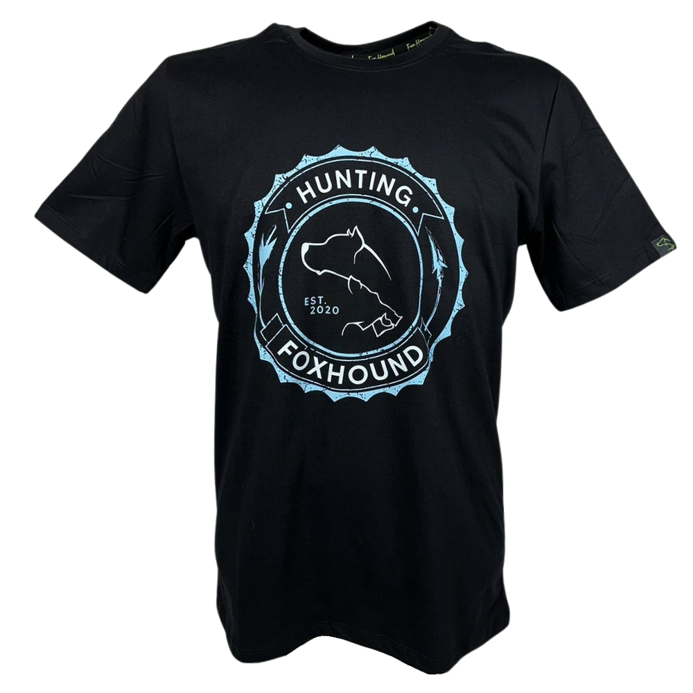 Camiseta Masculina Fox Hound Preta Manga Curta C/ Logo Branco E Azul Claro REF: 36064