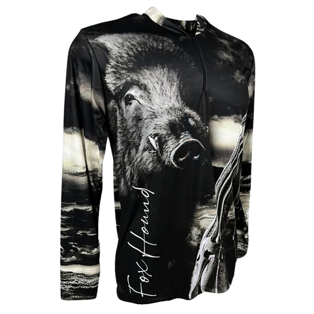 Camiseta Masculina Fox Hound Preto e Branco Com Zíper Manga Longa
