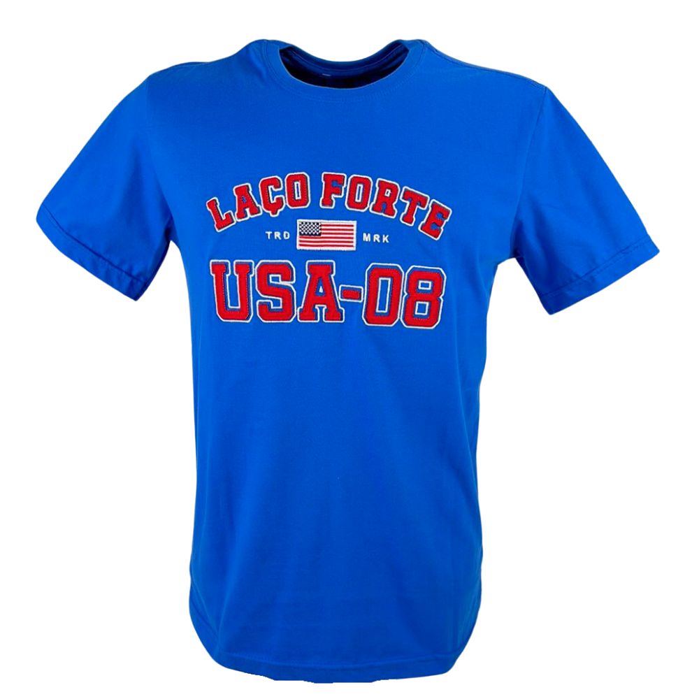 Camiseta Masculina Laço Forte Azul Manga Curta Bordada U.S.A Em Vermelho Ref:431