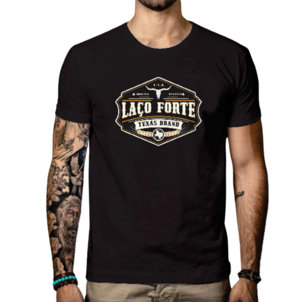 Camiseta Masculina Laço Forte Manga Curta Preto Estampada Logo Branco/Laranja Ref: 361/430