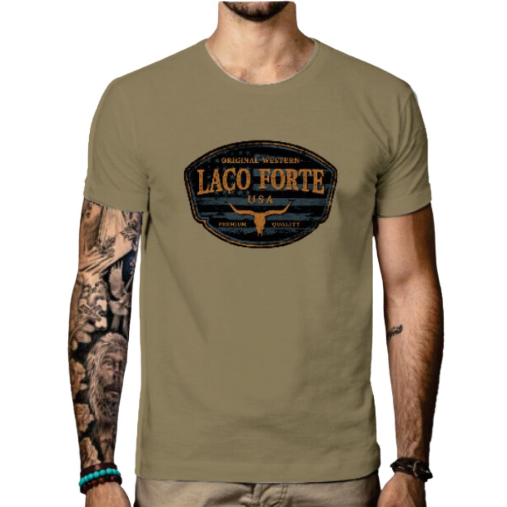 Camiseta Masculina Laço Forte Manga Curta Verde Militar Estampada Em Laranja Neon Ref: 361/430