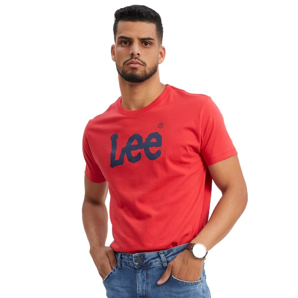 Camiseta Masculina Lee TShirt Malha Penteada Vermelha Logo Azul Ref:5026L