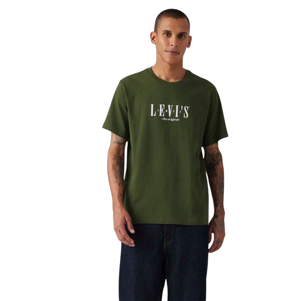 Camiseta Masculina Levi's Manga Curta Verde Militar Com Logo Bordado Branco Ref:LB001-3223