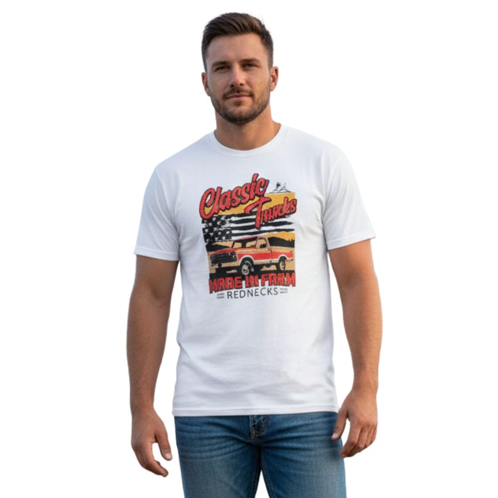 Camiseta Masculina Made In Farm Manga Curta Off White Classic Trucks Rednecks