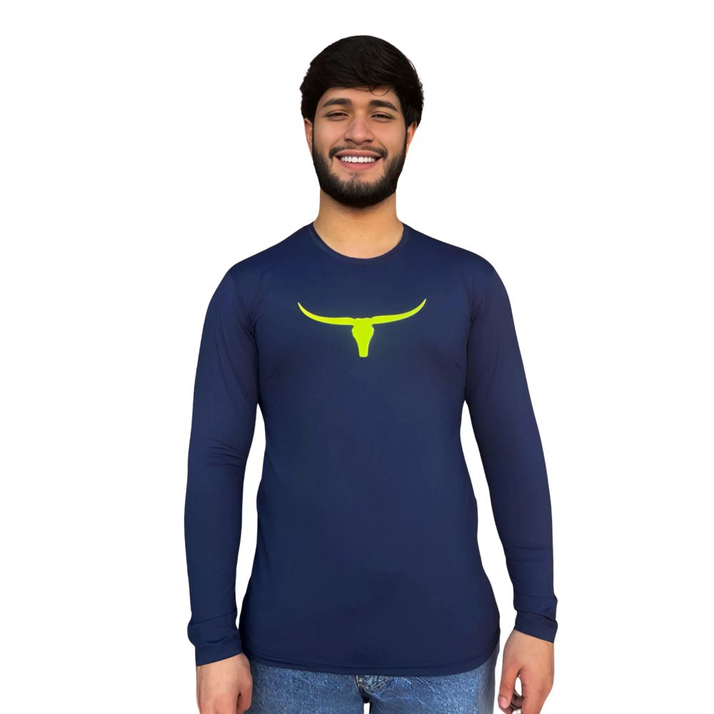 Camiseta Masculina Os Moiadeiros Azul Marinho Manga Longa Com Proteção UV E logo Amarelo Neon Ref:UV94