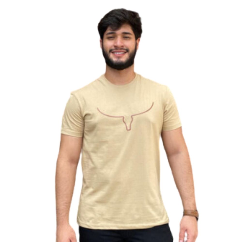 Camiseta Masculina Os Moiadeiros Bege Manga Curta Com Logo Longhorn em Marrom  Ref.MC673