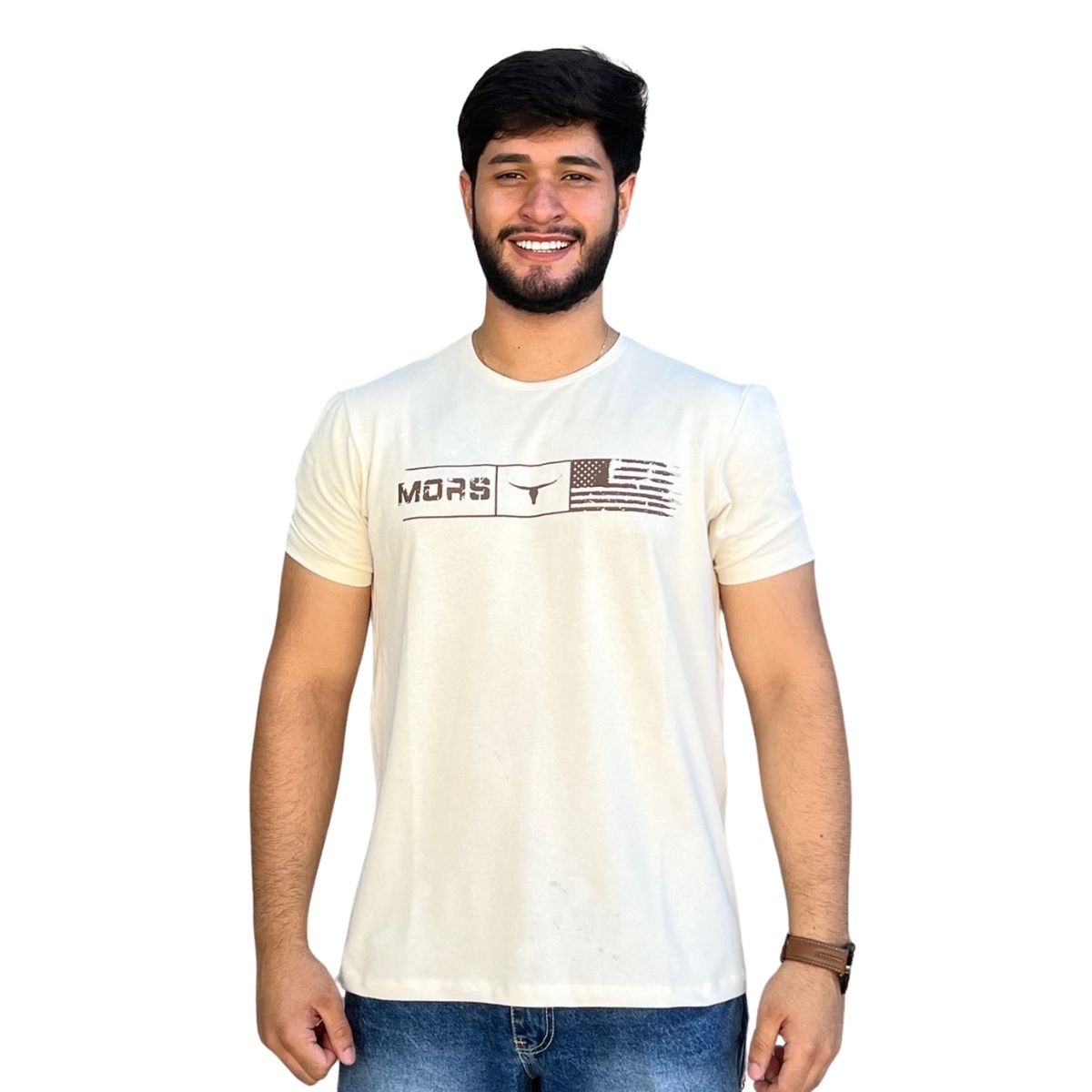 Camiseta Masculina Os Moiadeiros Manga Curta Pique Off Mors Estampada Longhorn EUA Marrom Ref: MC661