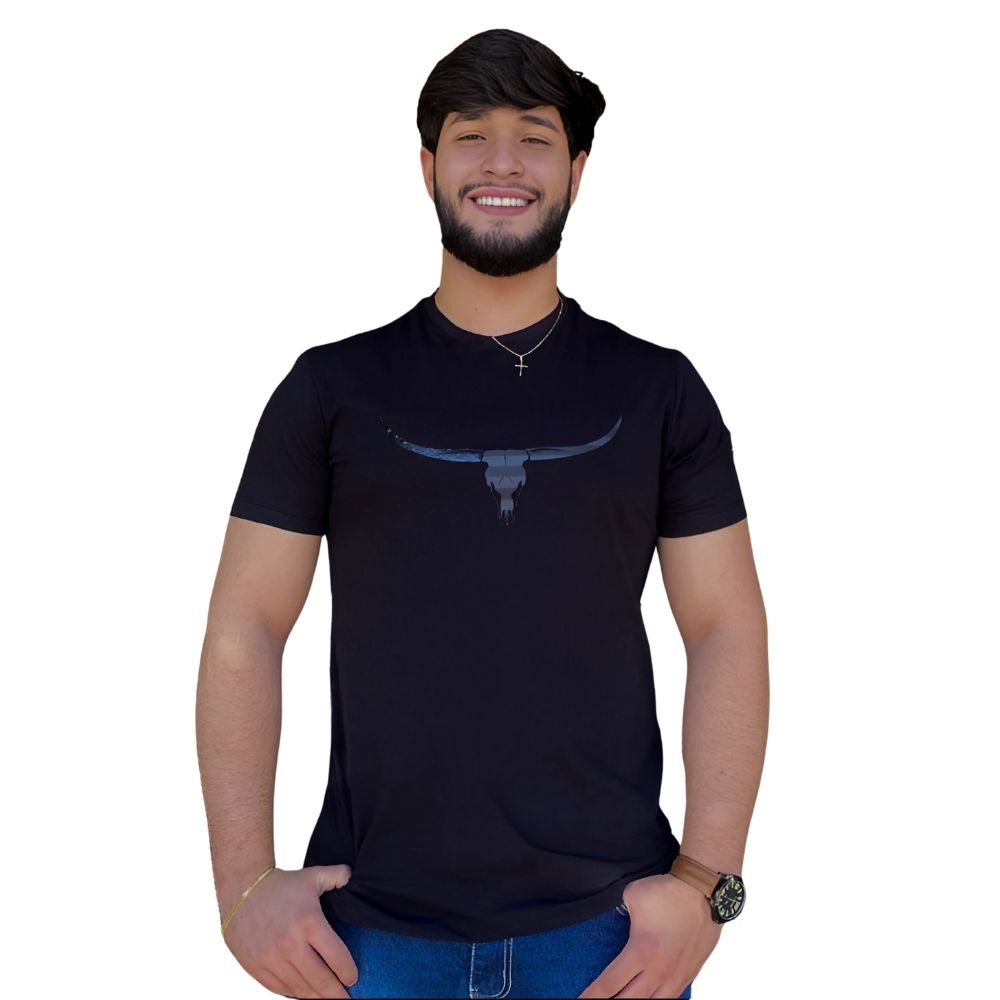 Camiseta Masculina Os Moiadeiros Preta Manga Curta Com Logo Longhorn Preto De Bandeira EUA Ref.MC708