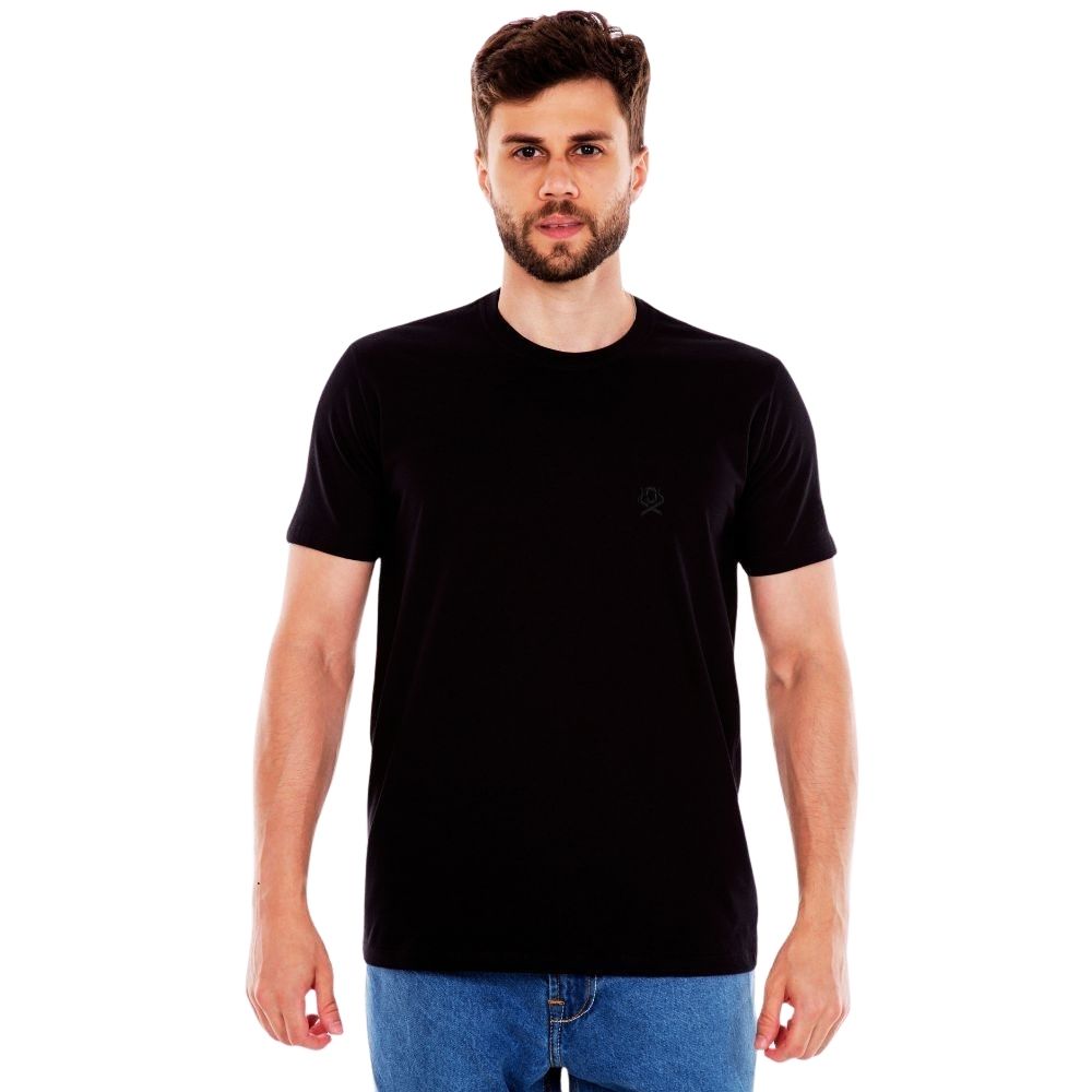 Camiseta Masculina Ox Horns Manga Curta Preta Básica Com Logo Bordado Preto Ref 8001