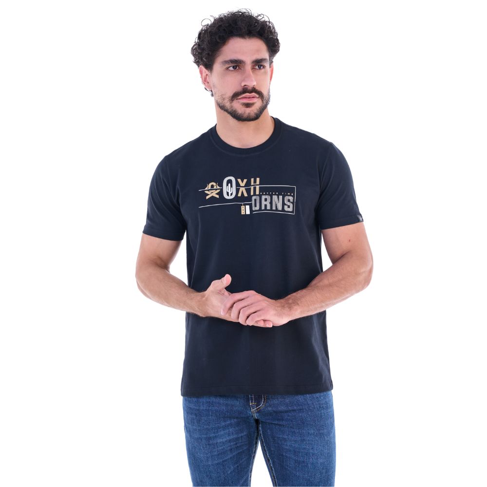 Camiseta Masculina Ox Horns Manga Curta Preto Estampada Logo Bege Ref:1860