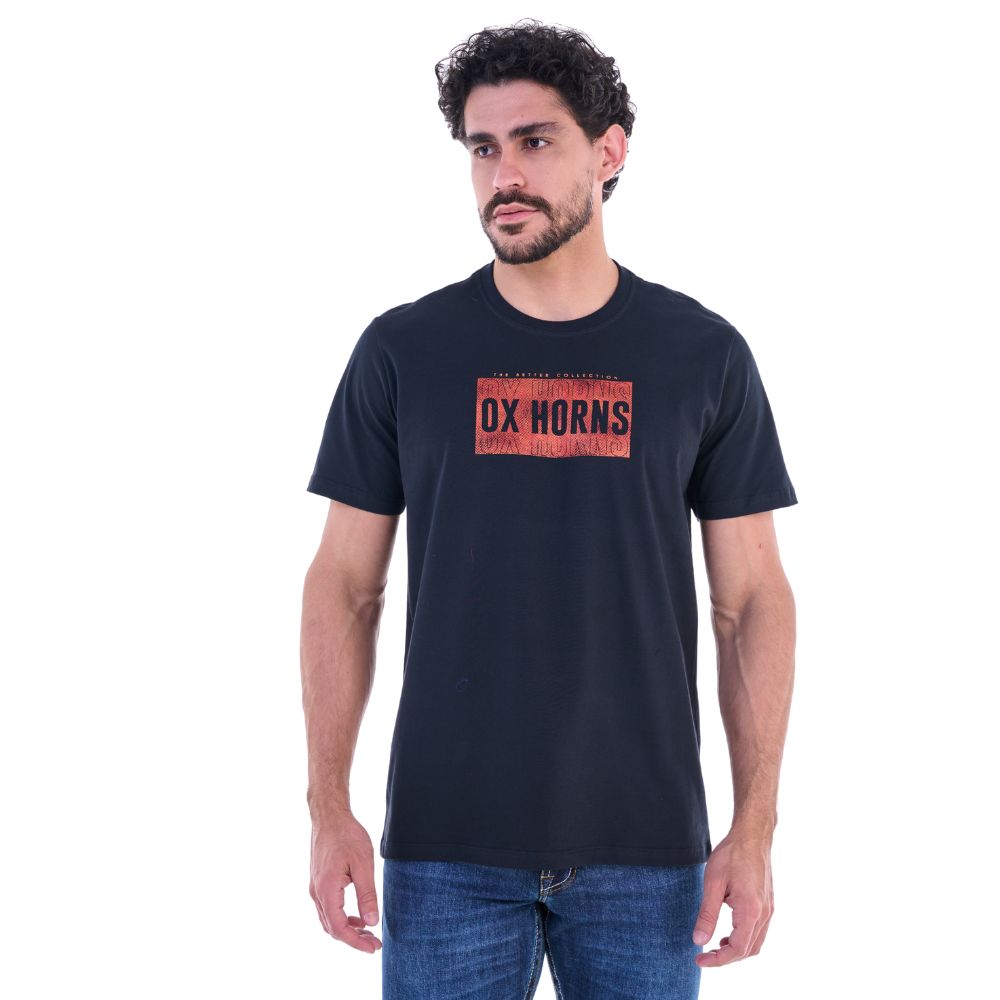 Camiseta Masculina Ox Horns Manga Curta Preto Estampada Logo Preto E Laranja Ref:1858