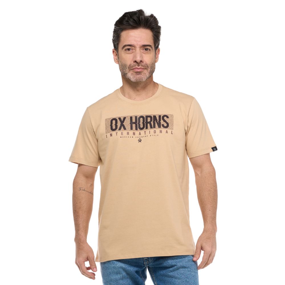 Camiseta Masculina Ox Horns Nude Manga Curta Com Logo Em Preto  REF: 1794