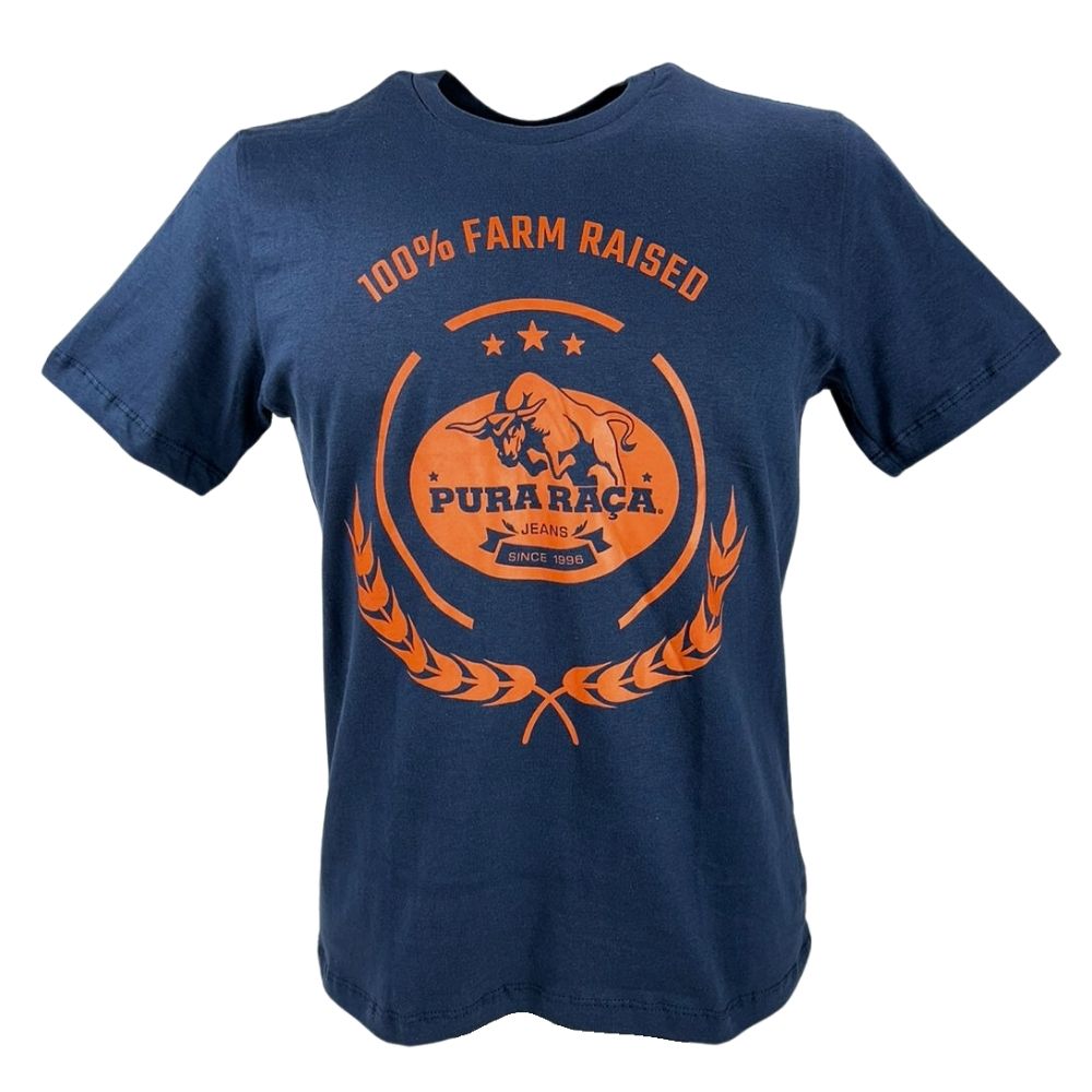 Camiseta Masculina Pura Raça Tema Farm Manga Curta Cor: Azul Marinho Com Estampa Trator Em Laranja Ref.07.085.0063