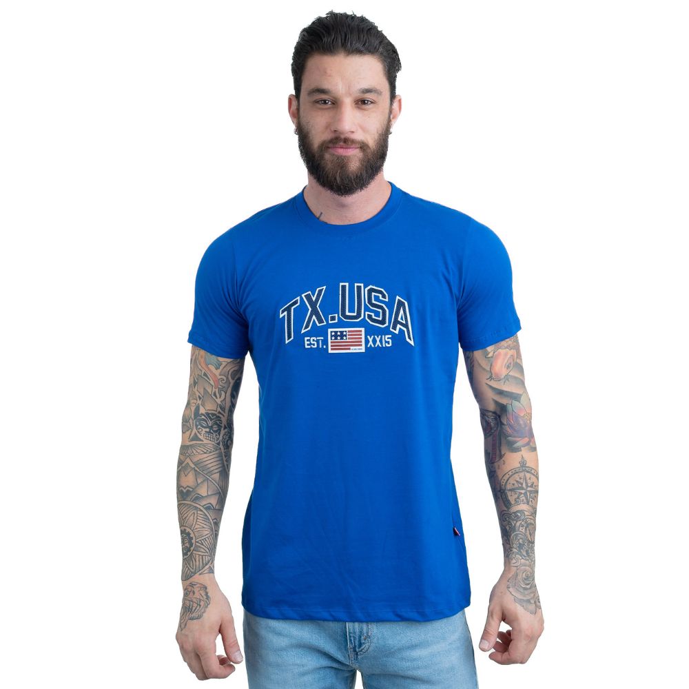 Camiseta Masculina Texas Farm Azul Royal Manga Curta Com Logo Aplicada USA Ref:CM552