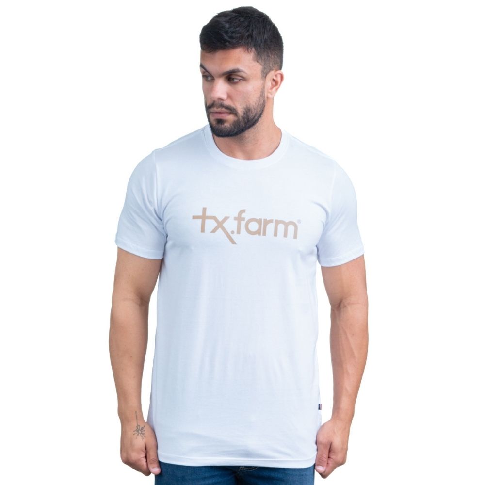 Camiseta Masculina Texas Farm Branca  Estampa Bege - Ref. CM258