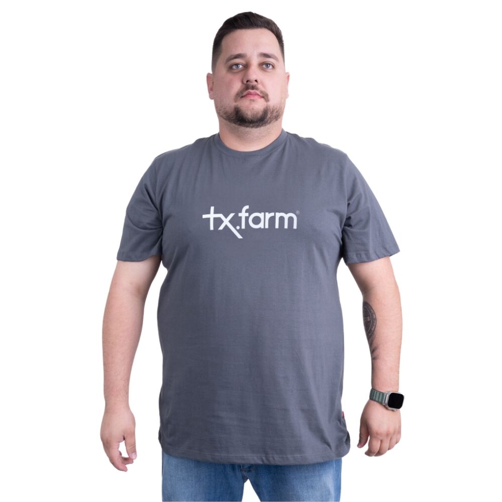 Camiseta Masculina Texas Farm Cinza Médio Plus Size Manga Curta Com Logo em Branco Ref.CM258